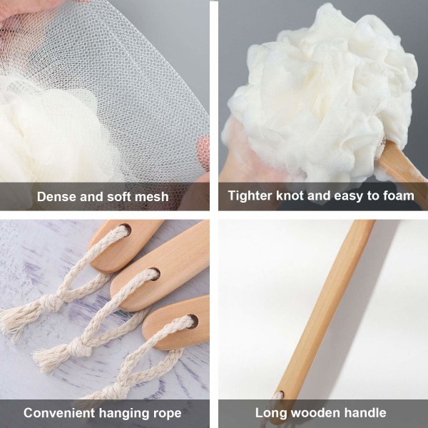 Loofah stick, luffa ryggskrubber för dusch, PE mjukt mesh loof