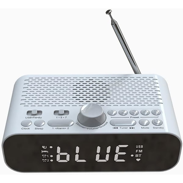 Radiostyrd väckarklocka, FM-radio, med Bluetooth högtalare, med stavantenn, multiknapp, LED-digitalskärm, uppladdningsbar, vit