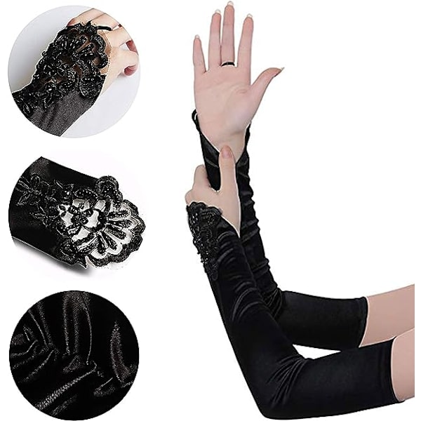 1 par lange elastiske fingerløse handsker til kvinder, blonde opera aftenhandsker, satinhansker til Halloween-fest, bryllup, koncert (sort)