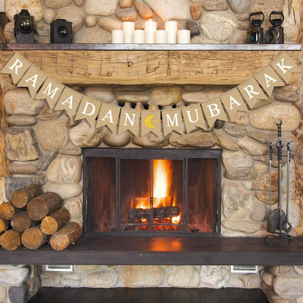 Jute Burlap RAMADAN MUBARAK Banner med Måne og Stjerne Peishylle Dekorasjon 1