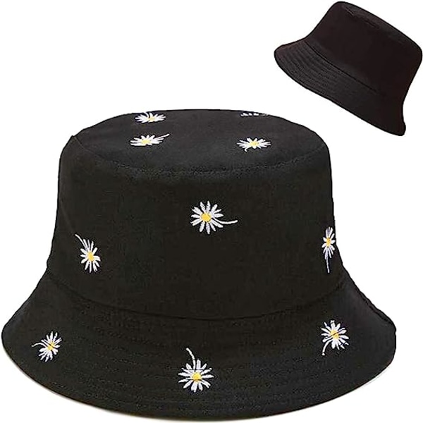 Vändbar hatt Bucket Hat Fiskesolhatt för kvinnor tjejer，Daisy Black