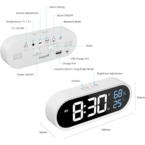 Spegel digital väckarklocka, LED digital klocka, stor display för tid/temperatur/fuktighet, 40 ringsignaler, USB laddning, vit väckarklocka