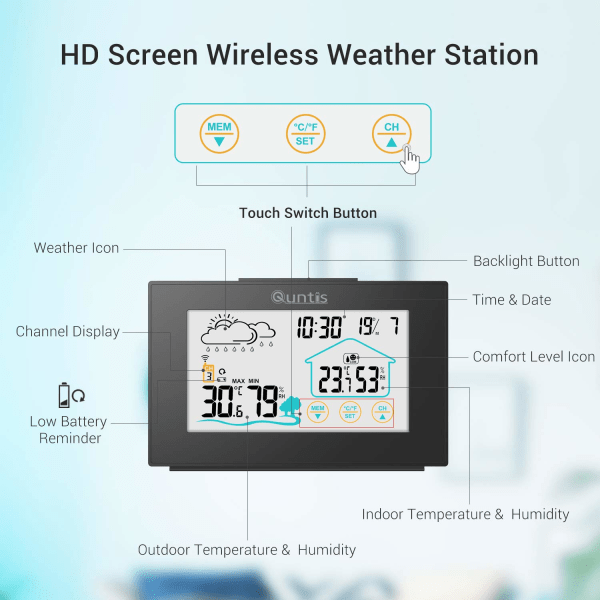 Väderstation, 5” LED Bred Sensor Digital Termometer Hygrometer, Väderklocka Alarm, Trådlös Inomhus Utomhus Hygrometer Termometer med Snooze-funktion