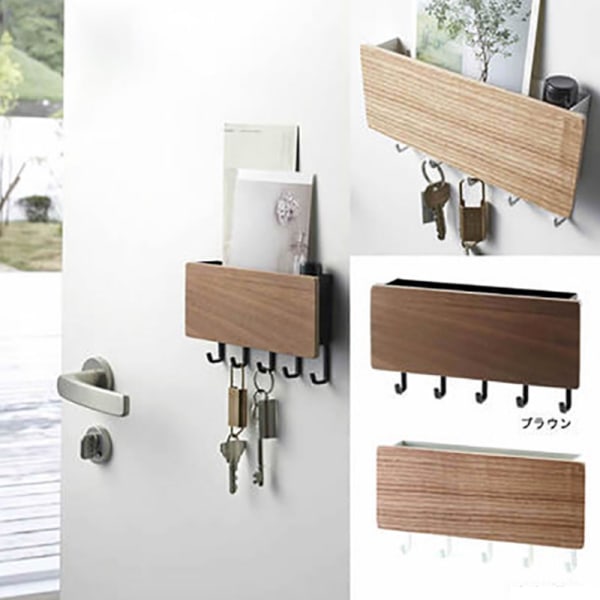 Hemhållare Magnetic Wall Organizer Krokar & bricka Stål + Trä - Nyckelförvaring, One Size, Brun