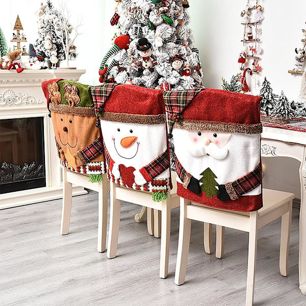 3 bitar av matsals julstol cover, tomte snögubbe Ren julmiddag stol cover, kök Hotell Holiday Party Dekoration stol