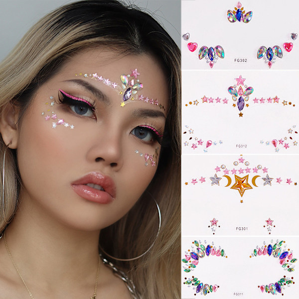 Set med 4 strass sjöjungfru ansikte tatueringar - Body Stickers Crystal Tears Gems Temporary Stickers