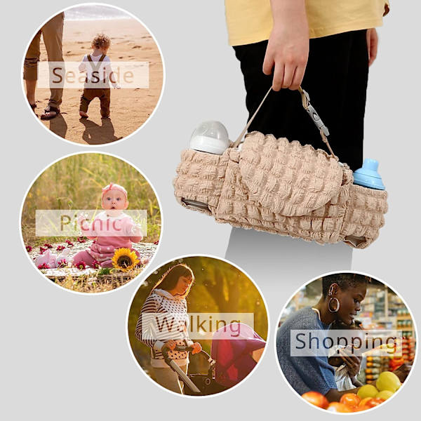 Baby vogn stelleveske håndveske med koppholder, universell for de fleste vogner, bleier, våtservietter og lekeplass, khaki