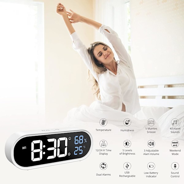 Spegel digital väckarklocka, LED digital klocka, stor display för tid/temperatur/fuktighet, 40 ringsignaler, USB laddning, vit väckarklocka