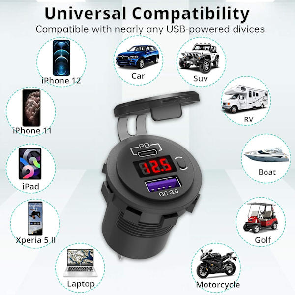 12V USB C Autolaturin Pistorasia, Ouffun Kaksois PD & QC 3.0 Portit 12V USB Autopistorasia Adapteri Painikekytkimellä, Nopea Laturi iPhonelle 23,7 Tuuman Kaapelilla