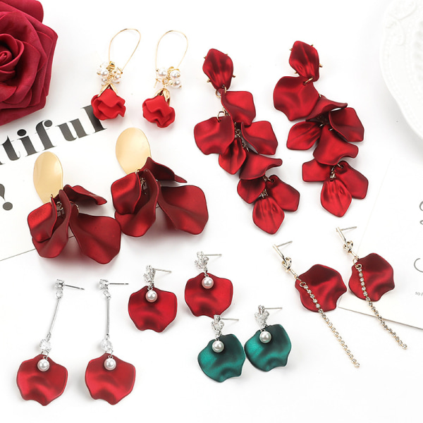 6 stycken röda rosenblad tofsörhängen Brud Nyårsörhängen Kvinnor