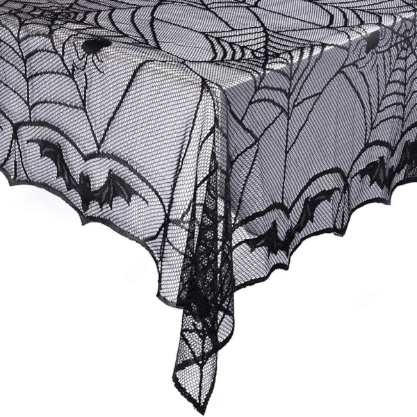 Halloween spetsduk rektangulär svart spindelnät 48 x 96 tum polyester spöklik fladdermus spetsduk för gotisk halloweenfest hemdekorationer