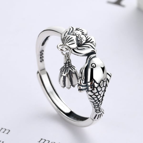 Silverring hona retro etnisk karp lotus ekollon matring par justerbar ring honansikte ring bredd 8 mm