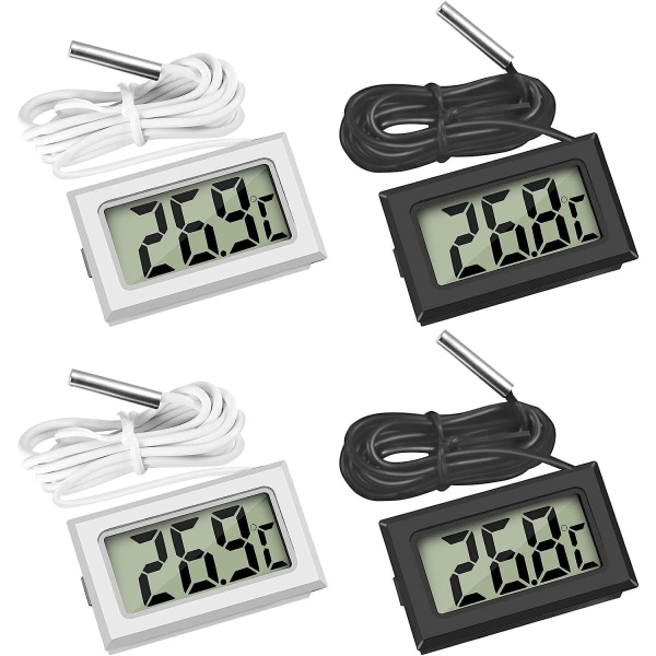 Mini Digitalt LCD Termometer Temperatur med Temperaturprobe Sensor Tester for Kjøleskap Frysere Akvarium (2X Svart 2X Hvit)