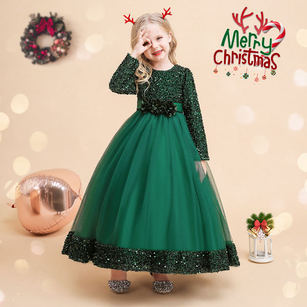 1-delad långärmad julklänning för flickor Paljett Poncho Princess Dress (grön)