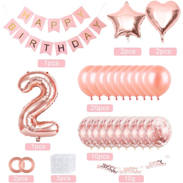 2-födelsedagsballong, roséguldballong 2, 2-åriga födelsedagsballonger roséguld, 2-årig flickballong, roségyllene födelsedagsballonger, 2 år O