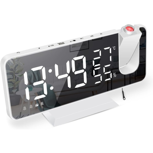 Projektorväckarklocka, klockradio med temperatur, luftfuktighet, 7,5 tums spegel LED-skärm, med automatisk dämpningsfunktion, (vit)