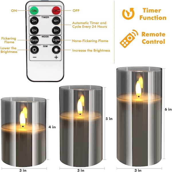 Gråt glas flammeløst lyssæt, 3 stk. (D: 3 \"X H: 4\"/5 \"/6\"), ægte flimrende batteridrevet lys, ægte voks LED søjlelys, med 10-tasters fjernbetjening
