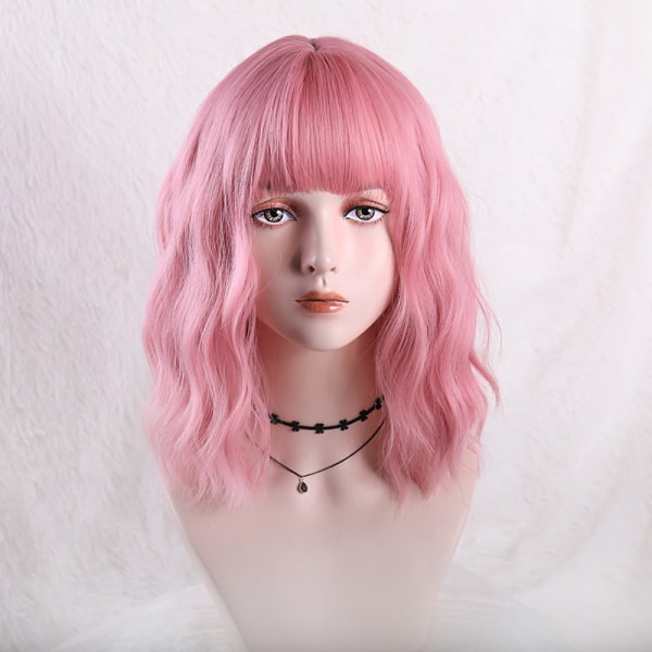 Europeiskt och amerikanskt mellanlångt hår, platt lugg, rosa lockiga vågiga peruker, anime