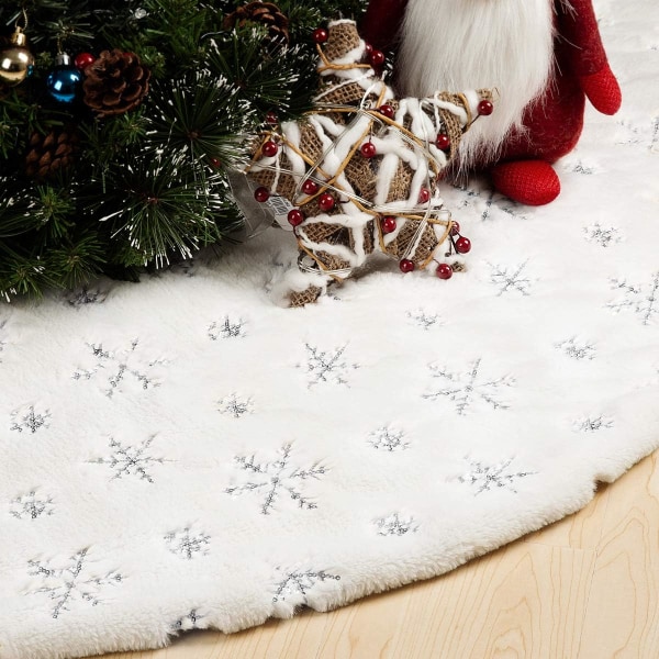 48 tums julgranskjol, vit och silver julgransmatta, snövit fuskpäls trädkjol för julfestdekorationer i hemmet (vit/silver)