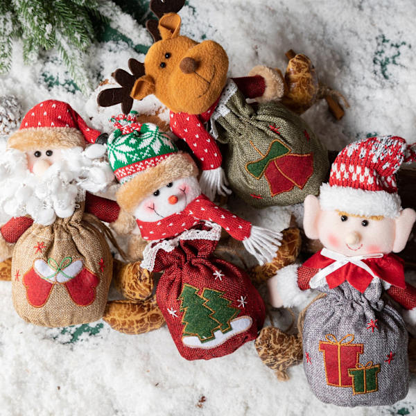 Bitar Jul 3D Doll Dekoration Presentpåse med dragsko Återanvändbara julgodispåsar Tomte, Älg, Snögubbe, Tomtebroderityg Julförvaring
