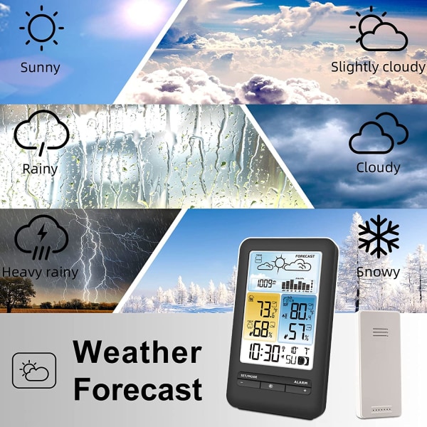 Inomhus- och utomhustermometer för meteorologisk station Trådlös färgdisplay fuktighetsmonitor, vädertermometer med barometer och månfas, U