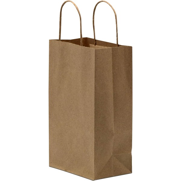 Små bruna papperspåsar med handtag - 6" x 3" x 9" Paket med 100 Kraft-påsar, hantverkspåsar för butiker, presenter, småföretag, återförsäljare,