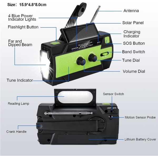 Solar Crank Radio Bärbar uppladdningsbar radio med AM/FM/WB Inbyggt 4000mAh uppladdningsbart batteri 4 lägen LED-ficklampa SOS Alarm, Grön