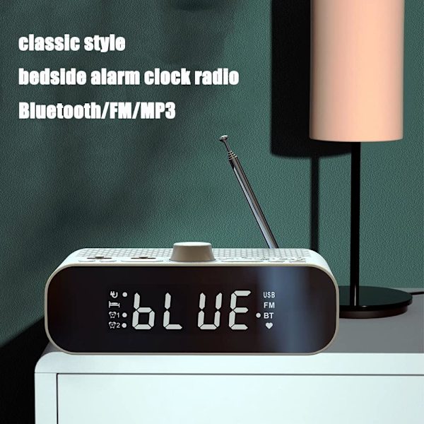 Radiostyrd väckarklocka, FM-radio, med Bluetooth högtalare, med stavantenn, multiknapp, LED-digitalskärm, uppladdningsbar, vit