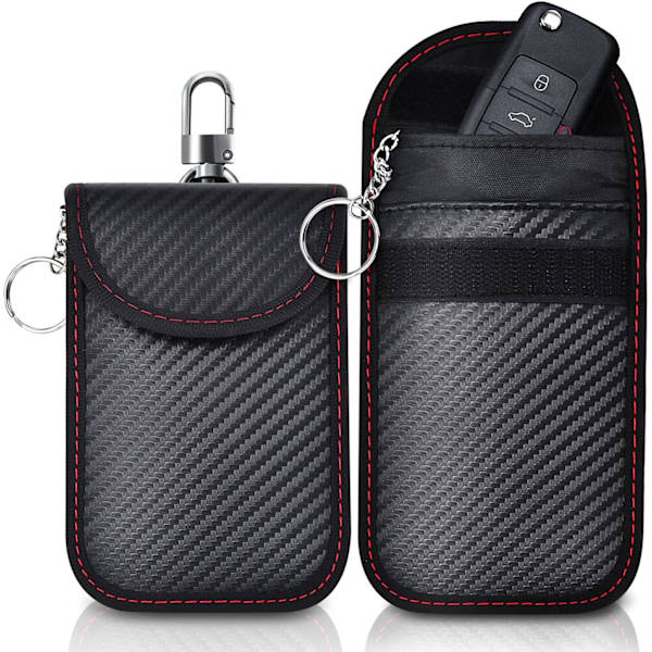 2-pack RFID-signalblockerande bilnyckelväska, Anti RFID-nyckelbricka case med inbyggd kolfibernyckelring - Anti-hackning RFID NFC-signal Bl