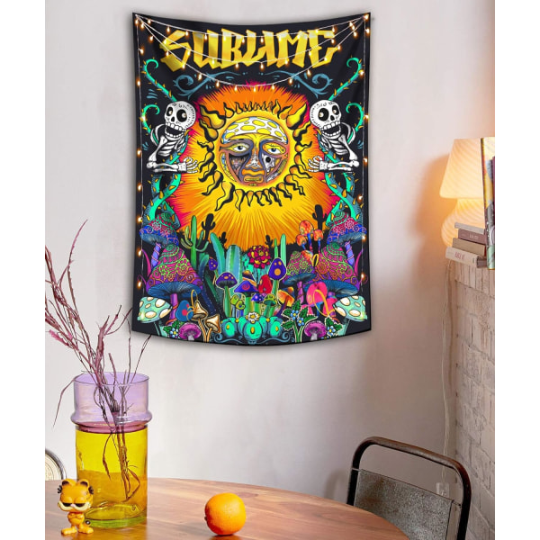 Trippy Sublime Sun Gobeläng Vägghängande, Färgglada Hippie Vertikala Gobelänger med Svampkaktus för sovrumsinredning 39×59 tum