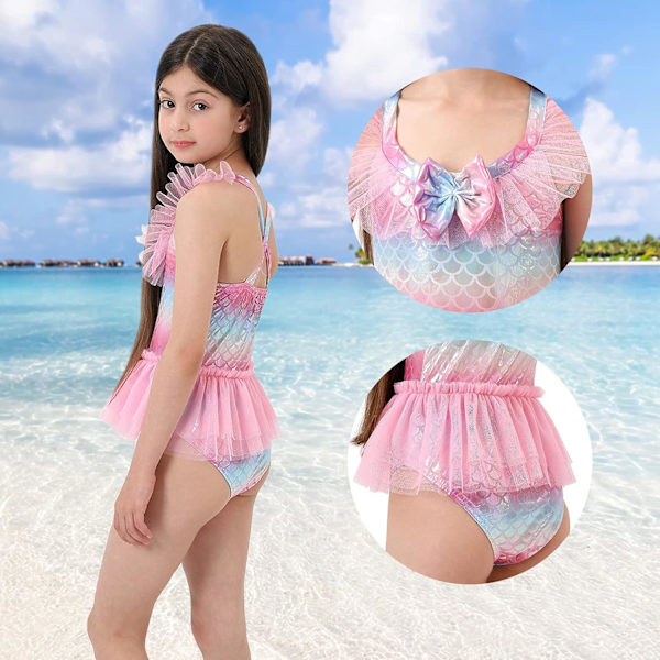 Flickor Barn 1-delad volang baddräkt i sjöjungfrustil för strand, sommarbaddräkt Semesterbadkläder (rosa-S 110-120)