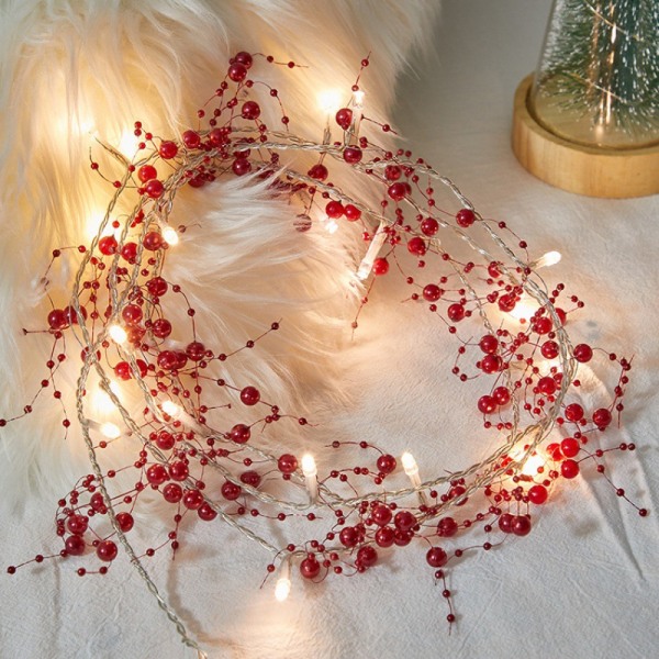 Juldekoration inomhus, festljus, krans med röda bärpärlor - 3m, 30 lampor
