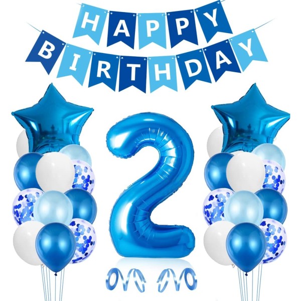 2-årig pojkefödelsedagsballong, blå 2-årig födelsedagsdekoration, nummer 2 födelsedagsballonger, latexkonfettiballonger Födelsedagsdoptillbehör P