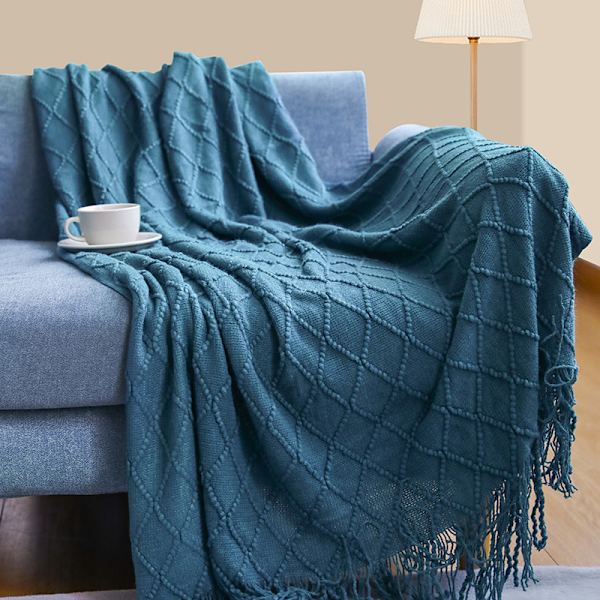 Plaid til sofa, blødt og hyggeligt strikket tæppe med kvast, let dekorativt plaid til sofa, stol, seng, rejser og stue - velegnet til alle årstider