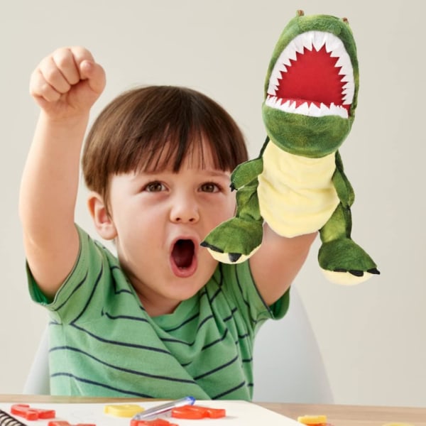 Dinosaurie handdockor Tecknad Tyrannosaurus dockleksak för pojkar Flickor Plysch dinosaurie fingerdockor Leksak Öppen mun T-Rex Interactive Animal Toy Doll H