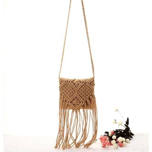 Handgjord bomullshalm Crossbody-väska Clutch-axelväska Virkad tofs Beach Bohemian handväska för kvinnor