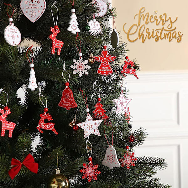 Christmas Tree Ornament Set med 24, trä julgransprydnader