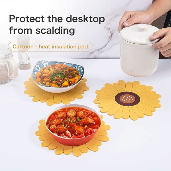 Silikonunderlägg serien, set med 4 multifunktionella, halkfria flexibla värmebeständiga mattor (20 cm solrosgul)