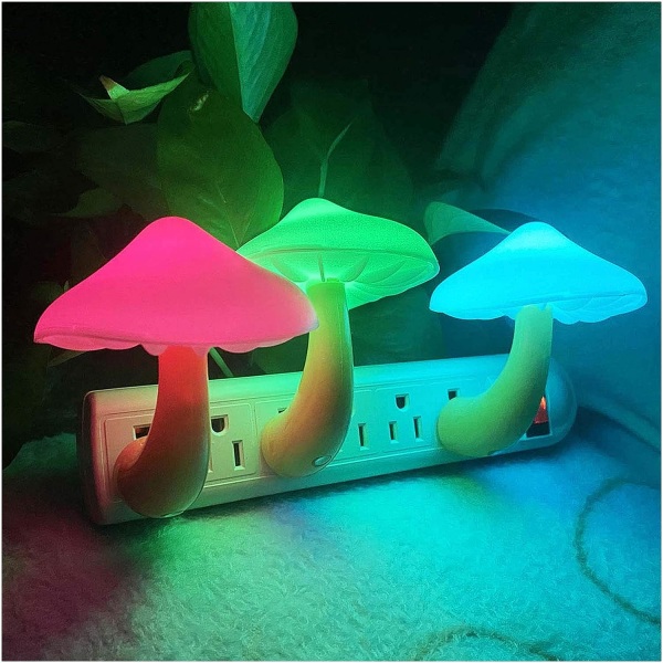 [3-pack] LED-svampnattlampa med sensor från skymning till gryning, nattlampa för söt svamp, nattlampa för vägg, nattlampa för baby för barn (7 färger)