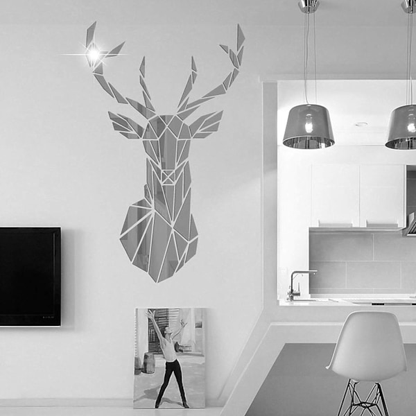 DIY 3D Deer Mirror Väggdekal, för vardagsrum, Akryl Hjort Väggdekaler Sovrum TV Soffa Bakgrund Väggkonst (86 * 51 cm, Silver)