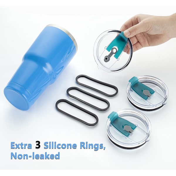 30 oz glaslock med extra 3 silikonringar, utbyte av glasskydd 3-pack spillsäkert stänksäkert resemugg lock med halmhål Blå