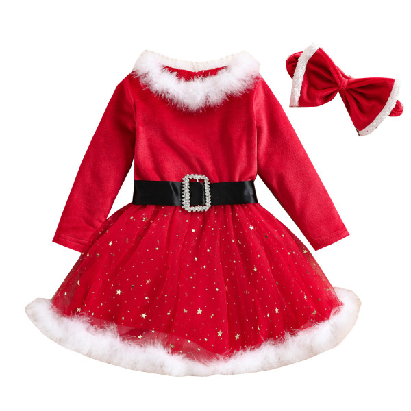 Ny flickklänning julfleece långärmad Starry Mesh -klänning Barn Bowknot Princess Dress (Large - Passar 4-5 år)