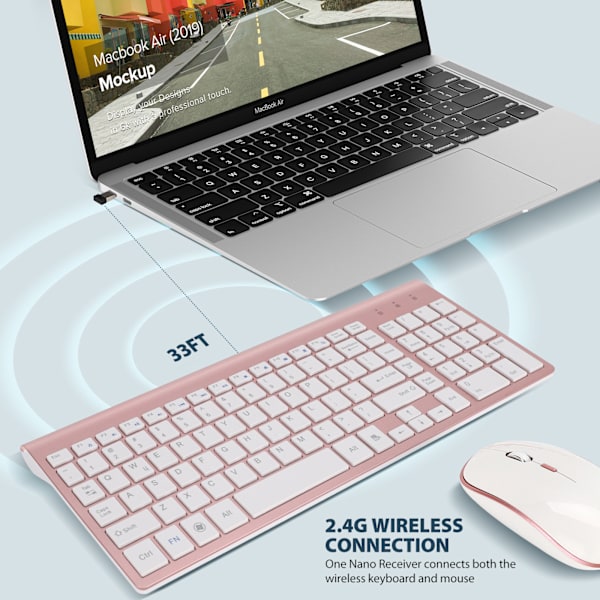 Trådlöst USB tangentbord och set ultratunna tysta stationära bärbara kontorsmus och -tangentbord (roséguld)