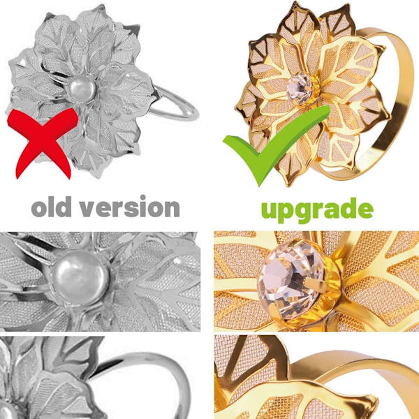 Sæt med 6 blomster servietringe, hule servietholdere i guldmetal til spisebord til bryllup, fødselsdagsfest, banket, julemiddag, ferie, taksigelse