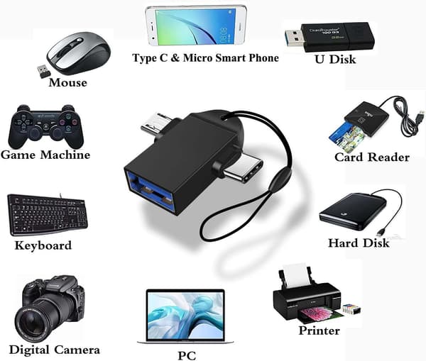 2-in-1 Micro USB/USB-C - USB 3.0 -sovitin kaulanauhalla (2 kpl), Seminer USB C - USB -sovitin, Micro - USB -muunninsovitin, musta