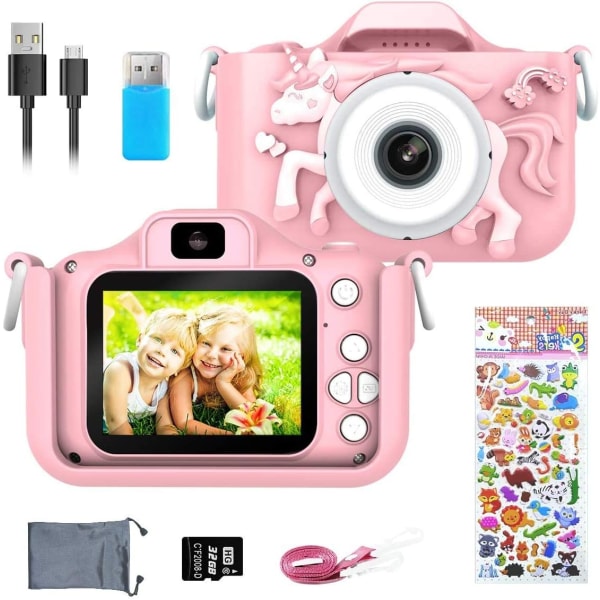 Barnkamera, digitalkamera för barn 20 MP foto & 1080P HD-video/dubbel lins/selfiekamera/ 8X zoom/automatisk power /32 GB TF-kort medföljer, rosa