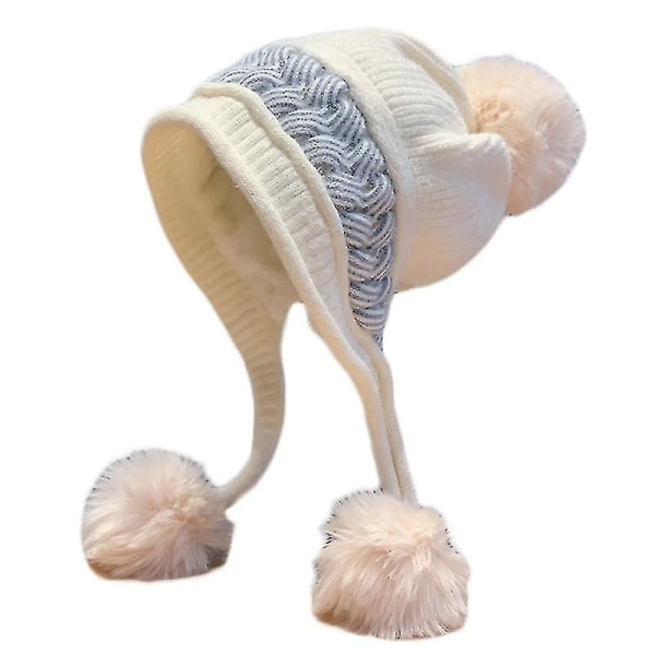 Sweet Pompom hänge Stickad mössa Beanies Hatt i kallt väder för skidåkning vandring-vit