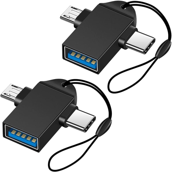2-i-1 Micro USB/USB-C till USB 3.0-adapter med linne (2-pack), Seminer USB C till USB adapter, Micro till USB -omvandlare A-adapter, svart