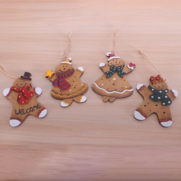 4 juldekorationer, julgransdekorationer, trähängen, julsnögubbsdekorationer, hängande föremål, julsaker 10 x 7cm