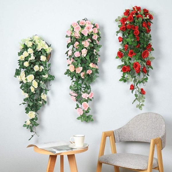 Konstgjorda hängande växter - falska sidenrosa blommor hängande krans rotting murgröna vinstockar för bröllopsfest Trädgårdsväggdekoration (rosa, 2 stycken)